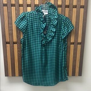 NWT Elizabeth McKay 100% Silk Elizabeth Blouse in Navy & Green Polkadot, size 6